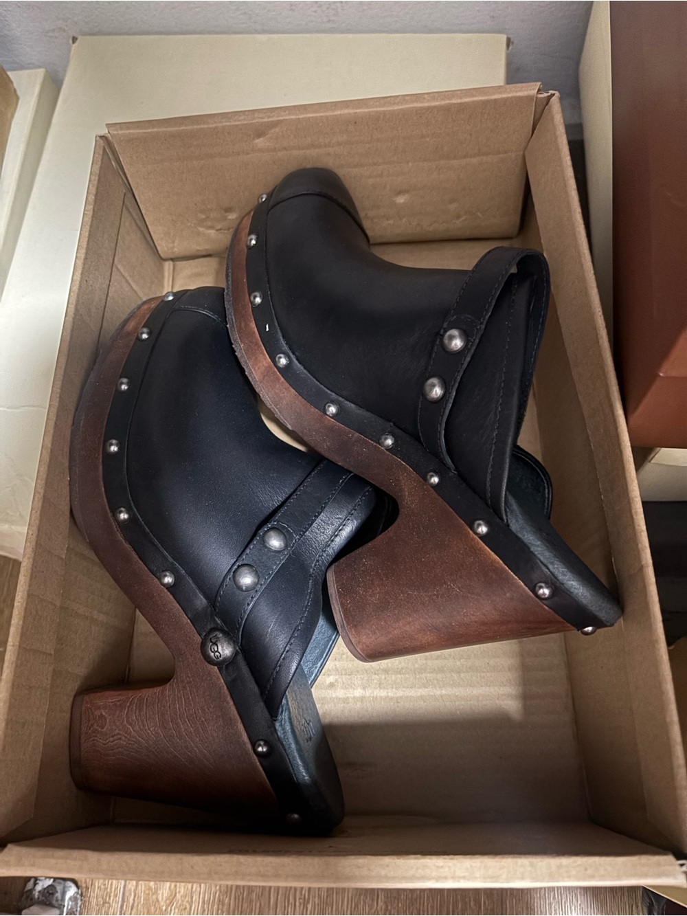 UGG Black Leather Studded Wooden Clogs